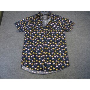 Broken Threads Men Flamingo Print Button Down Navy Blue Short Sleeve‎ Med #2050